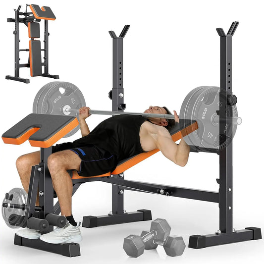 6 in 1 Space Saving Weight Bench Set for Home Gym, Fast Folding & Adjustable Workout Bench, Bench Press Rack/Leg, Customized